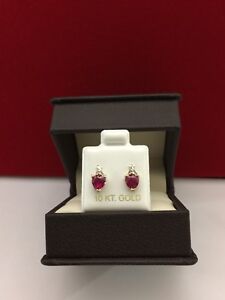 Solid 10K Yellow Gold Red Lab Created Ruby Heart & Diamond Earring