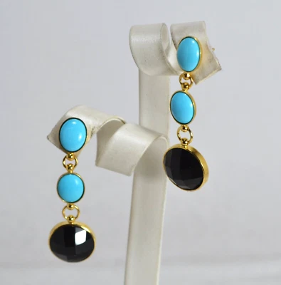 ORECCHINI ARGENTO DORATO 925 ONICE TURCHESE NSTURALE OVALI 8 x 10 mm   AGHT 0977 - Immagine 1 di 3