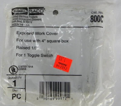 4" Square Box Exposed Work Cover Raised 1/2" Hubbell Raco 800C,  1 Toggle Sw - Изображение 1 из 4