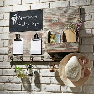MyGift Torched Wood Wall Mounted Chalkboard Memo Clips, Mail Sorter and Key Hook - Picture 1 of 5
