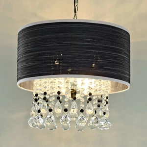 Caithness Three Light Chandelier Fabric Shade Glass Droplets - Picture 1 of 1