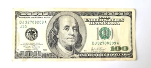 2003 $100 One Hundred Dollar Bill, Federal Reserve Note, Serial # DJ32708209A - Picture 1 of 2