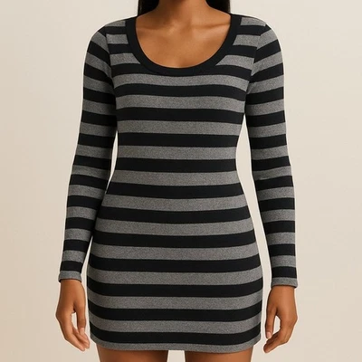 Express Striped Sweater Dress XS Black Gray Long Sleeve Y2K Bodycon Mini - Image 1 of 4