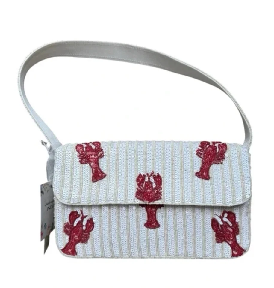 Bolso de Hombro Tik Tok Viral Blanco y Rojo Langosta Con Cuentas Lentejuelas Hecho en India Foto 1 de 1