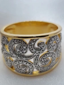 PAJ 18k Gold Vermeil Diamond Sterling 2 Tone Filigree Wide Band Ring 6.5g Sz 9.5 - Picture 1 of 15