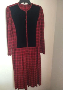 Vintage 70s Plaid Velvet Apron Front Dress Retro Union MedCottagecore Prairie - Picture 1 of 8