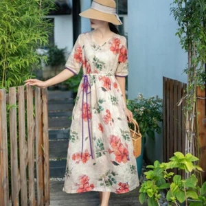 Lady Chinese Ethnic Floral Dress Linen Cotton V Neck Loose Drawstring Retro Chic - Picture 1 of 12