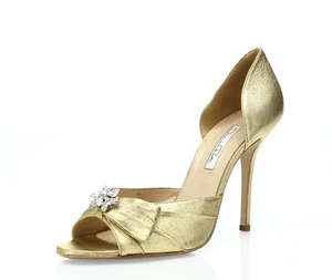Oscar De la Renta Gold Leather Open Toe Pumps Sz. 40.5 - Picture 1 of 6