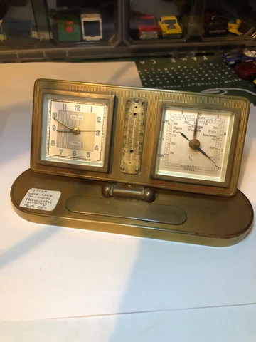 Vintage Desk Clock Paul V. Eisner "RENSIE" German Brass 1940s Alarm, Barometer Cover