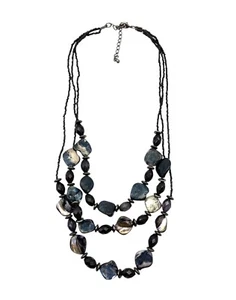Black-Silver-Gray Multi Strand Glass, Acrylic & Abalone Beaded Layered Necklace - Bild 1 von 24