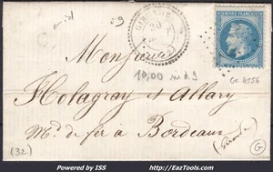 FRANCE N° 29B SUR LETTRE AVEC GC 4556 GIRONDE GIRONDE + CAD DU 30/08/1869 - Picture 1 of 2