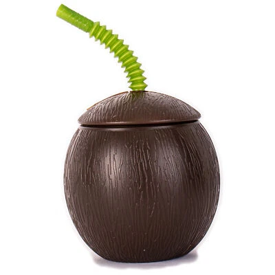 amscan Luau Coconut Shape Resuable 18 oz. Party Cup w Straw, Brown - Image 1 of 2