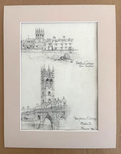 Antique Matted 1920s Walter Church Pencil Drawing, Magdalen College, Oxford - Picture 1 of 2