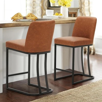 Set of 2 Leather Bar Stools with Back Support 24" Counter Height Kitchen Stool - Image 1 of 4