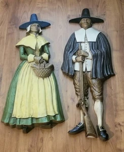 RARE Vintage Sexton Pilgrim Man & Woman Figures Large 26" Metal Wall Hanging - Picture 1 of 7