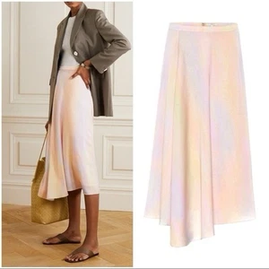 Vince Asymmetric Printed Satin Midi Skirt In Multi-colour Rainbow $325 Size 8 - Picture 1 of 16