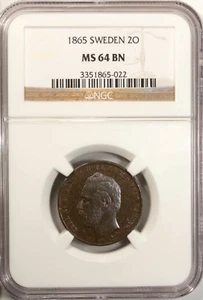 Sweden 2 Ore 1865  NGC MS 64 BN UNC Bronze Carl XV Population 1/0 Top Grade - Picture 1 of 4