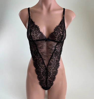 Victoria’s Secret Lace Lingerie Teddy Unlined One Piece Bodysuit  Black L  NWT - Image 1 of 4