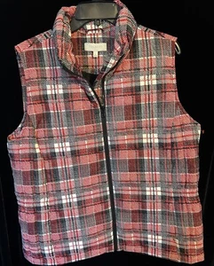 Talbots Womens L Quilted Goose Down Puffer Vest Plaid Red Black Full Zip 1884 - Picture 1 of 6