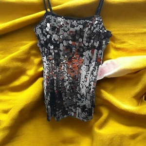 Crystal Sky Black sequined mini dress, NWT Sz Medium lined, spaghetti straps - Picture 1 of 7