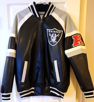 OAKLAND RAIDERS NFL GIII 皮革夹克全拉链 AFC 贴片 M 码刺绣 — 第 1/4 张图片
