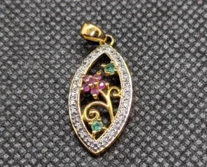 Vintage .925 and Gold pendant with ruby, emerald and diamond accents used floral - Picture 1 of 5