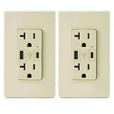 MICMI 2Pack 4.8A USB C Outlet PD 24W Power Delivery Receptacle ,20 Amp,125 Volt ,Ivory