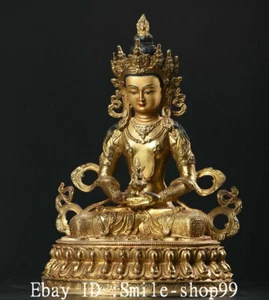 11.4" Old Nepal Gild Painting Amitayus longevity God Goddess Buddha Statue - Picture 1 of 9