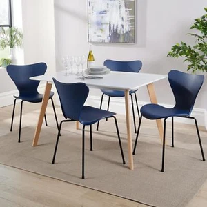 Dining Table Set 120cm White Top Wooden Legs 4 Curved Plastic Metal Blue Chairs - Picture 1 of 10