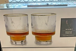 Viski Meridian Tumblers! Cocktail Glass Lowball Highball Bar Gold Rim 2-PACK - Picture 1 of 8