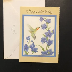 Vintage Birthday Card Thinking Of You Hummingbird Feeding On Blue Flower Vine - Picture 1 of 3