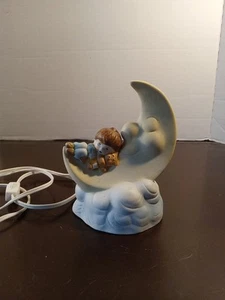 Vintage Kind&Teddybär & Mond Nachtlicht Baby Kinderzimmer Kinderzimmer Lampe  - Bild 1 von 6