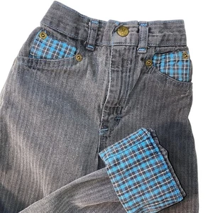 VTG OshKosh B'Gosh Boys Jeans Sz 6 Gray Hickory Railroad Pinstripes Flannel Cuff - Picture 1 of 16