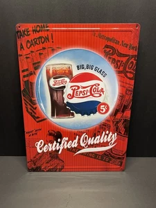 "Big, Big Glass 5 Cent" Pepsi-Cola Certified Quality Embossed Metal Sign - Picture 1 of 16