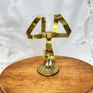 VTG Brass Ribbon Wrapped Bud Vase Glass Trumpet on Brass Base Victorian Style 6" - Picture 1 of 3