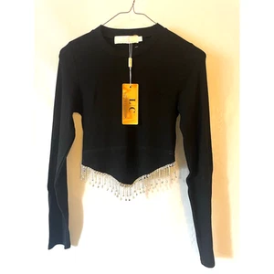 Top corto LC Lizette Collection Rhistone Tased negro mangas largas para mujer talla M” - Imagen 1 de 6