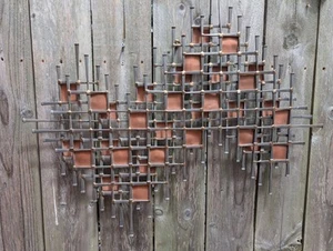 Mid Century Modern Brutalist Copper And Iron Nail Wall Sculpture Signed - Picture 1 of 15