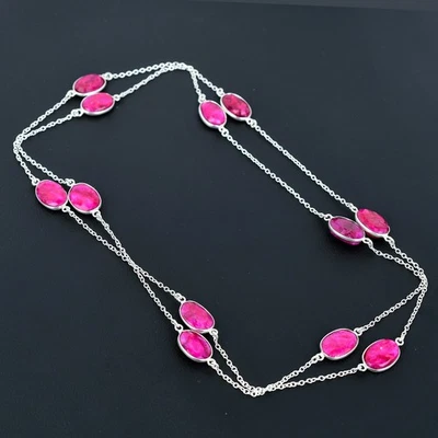 Red Kashmiri Ruby Oval Gemstone 925 Sterling Silver Jewelry Necklace 36" VJ 972 - Image 1 of 4