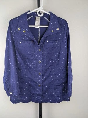 Chico's size 2P US 12/14 Petite Luxe Twill Utility Jacket blue white polka dot - Image 1 of 4