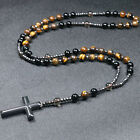 Oeil de tigre chapelet perles catholique Christ hématite croix pendentif