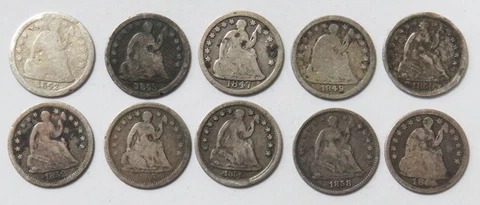 (10) 1845 -1858 SILVER USA SEATED LIBERTY HALF DIMES AVERAGE CIRCULATED COIN LOT Cover