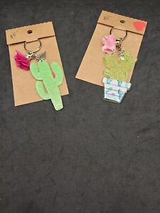Green Cactus Keychains Flowers Homemade Lot of 2