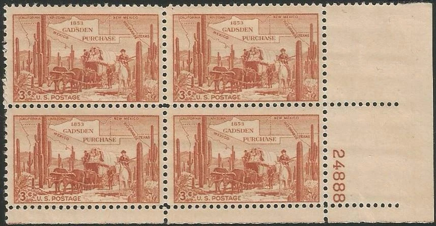 Plate block of 4 stamps - Scott 1028 - 3 cent - Gadsden Purchase - 1953 - MNH - Image 1 of 1