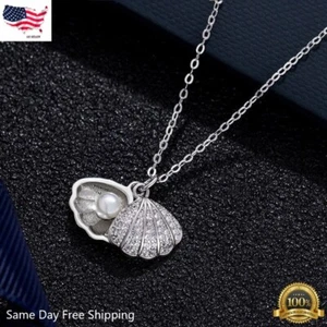 Women Pearl Shell Pendant 925 Silver Cubic Zirconia Wedding Necklace Jewelry - Picture 1 of 4
