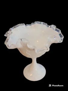 Fenton Milk Glass Vase Silver Crest Vine Ruffled Pedestal Candy Dish 7" X 7" - Picture 1 of 4