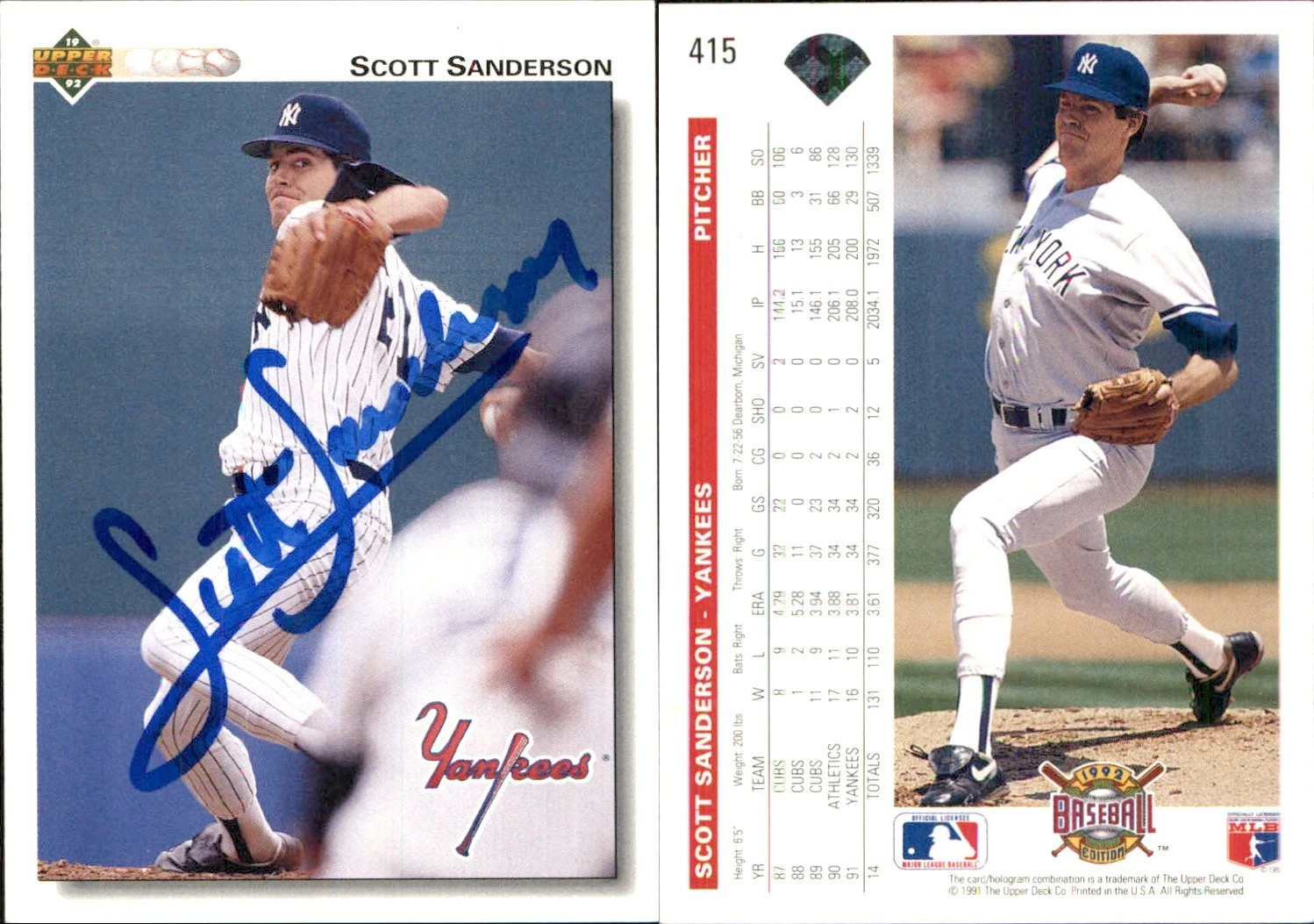 Scott Sanderson Signed 1992 Upper Deck #415 Card New York Yankees Auto AU