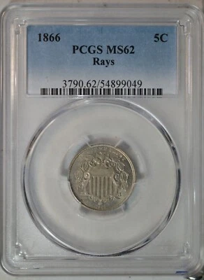 Escudo níquel 1866, rayos, graduación profesional MS62 Foto 1 de 3