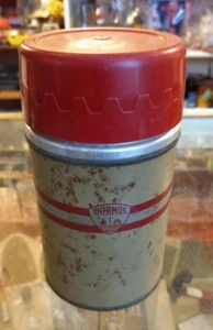 Tan and Red Short Metal Thermos, Model 5054, American Thermos Bottle Co. - Picture 1 of 7
