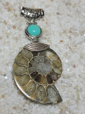 Colgante fósil de amonita multicolor natural con cuentas de imitación turquesa Foto 1 de 4