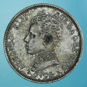 SPAGNA ALFONSO XIII 2 PESETAS 1905 (05) SM V SILVER COIN ARGENTO TONED bello SPL - Imagen 1 de 2